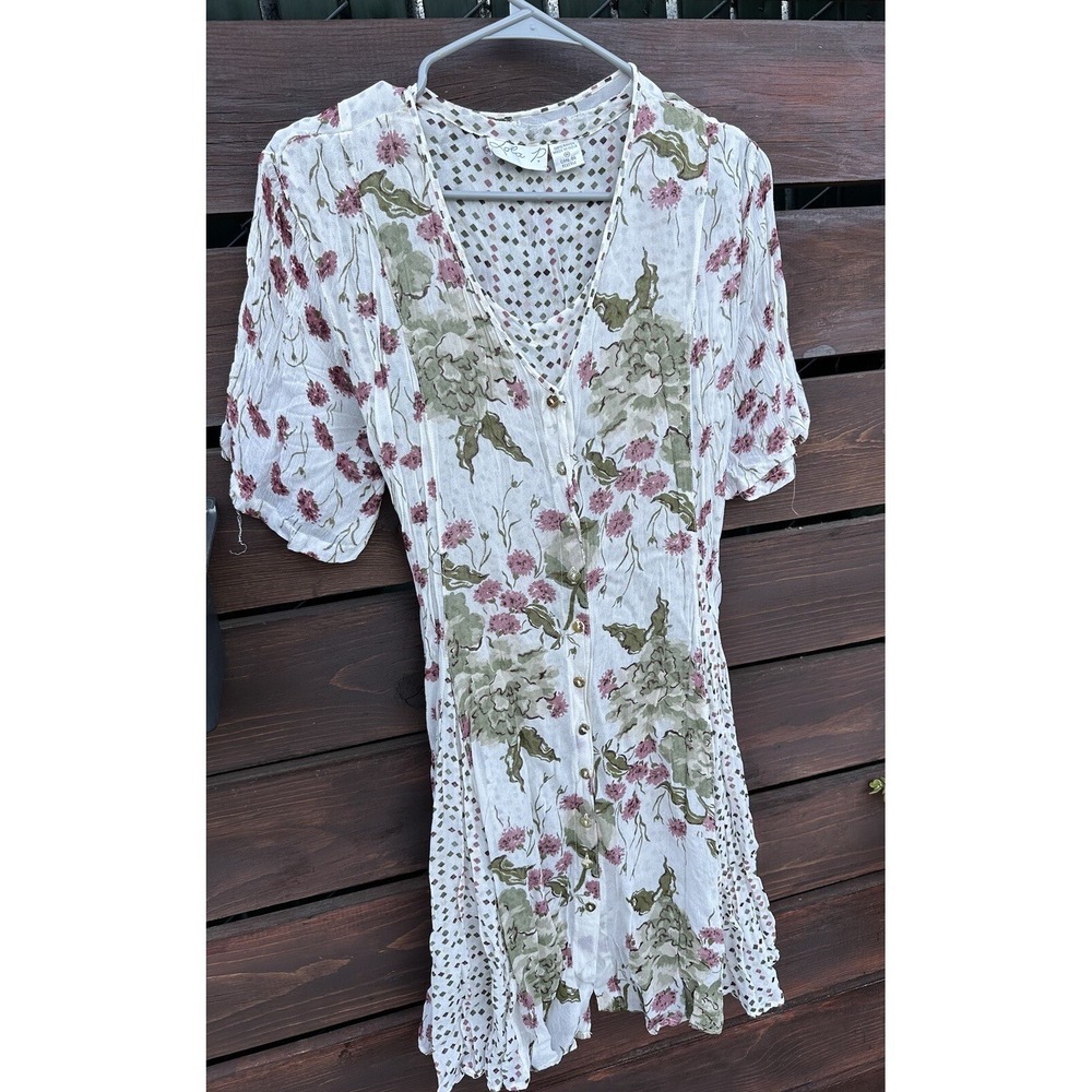 Vtg‎ Lola P Dress Floral Layered Pleated Button Front Flow Pleated Size Medium